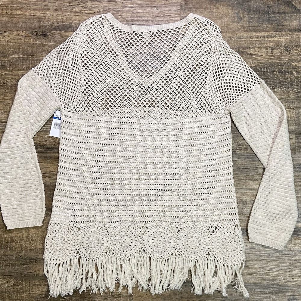 Nine West Cream Crochet Fringe Sweater Women's XL Boho Chic Fairy Grunge Coastal - Picture 7 of 16